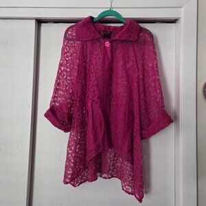 Multiples M Hot Pink Sheer Button-up Top High Low Pockets 3/4 Sleeves Blouse